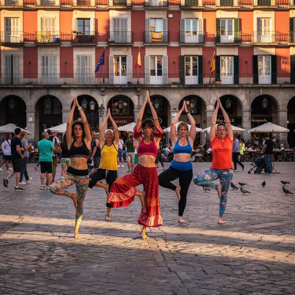 Mujer en una postura de yoga avanzada, mostrando equilibrio y fuerza.