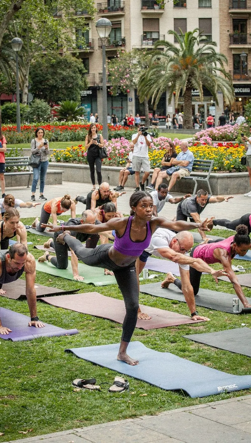 Instructora de yoga guiando una clase sobre posturas de larga duración.