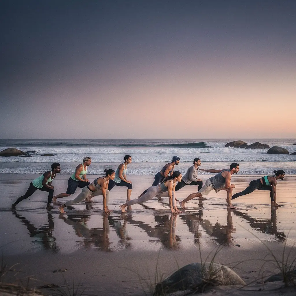 Atletas meditando al aire libre, enfocándose en la conexión mente-cuerpo.