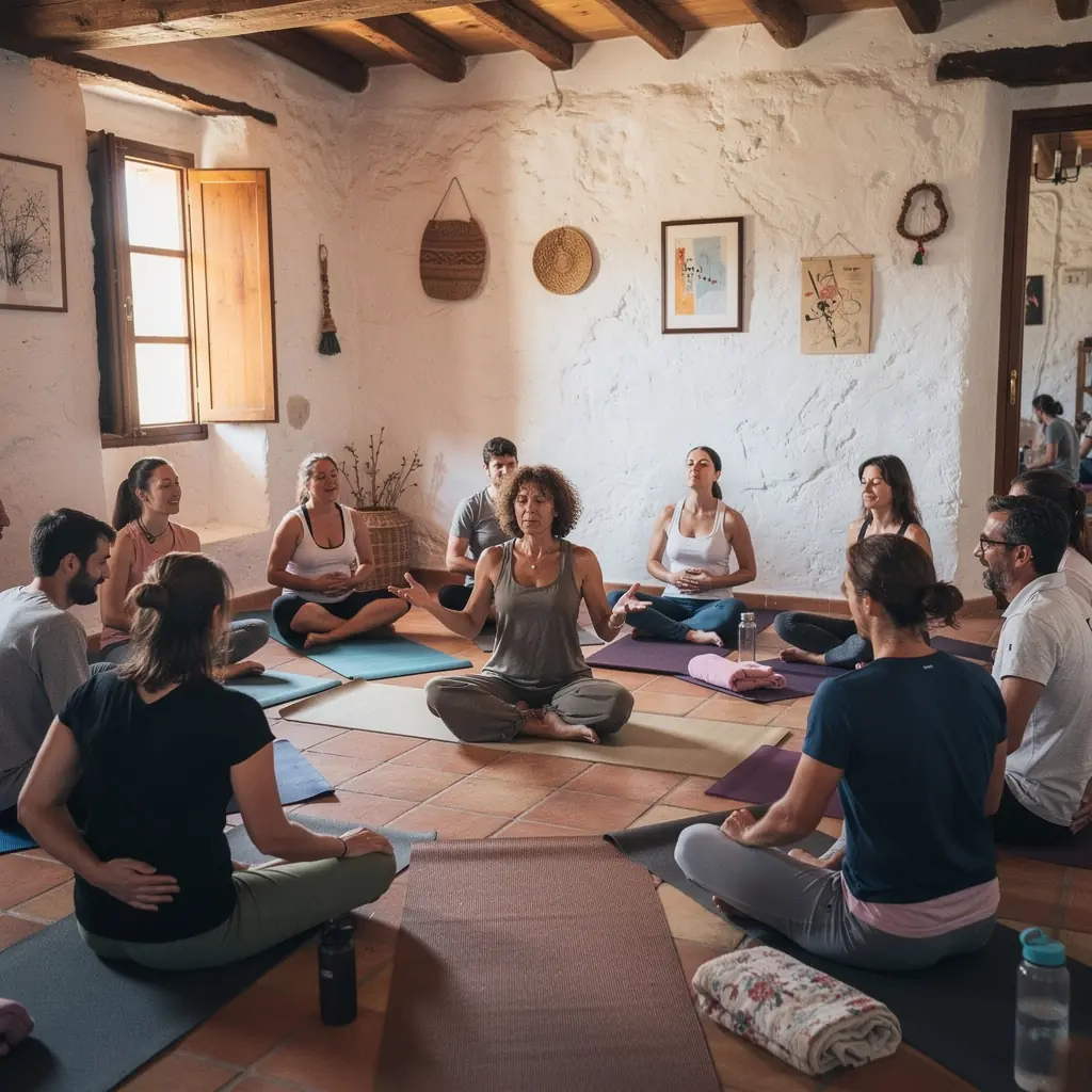 Hombre realizando una postura de yoga mientras mantiene una respiración profunda.
