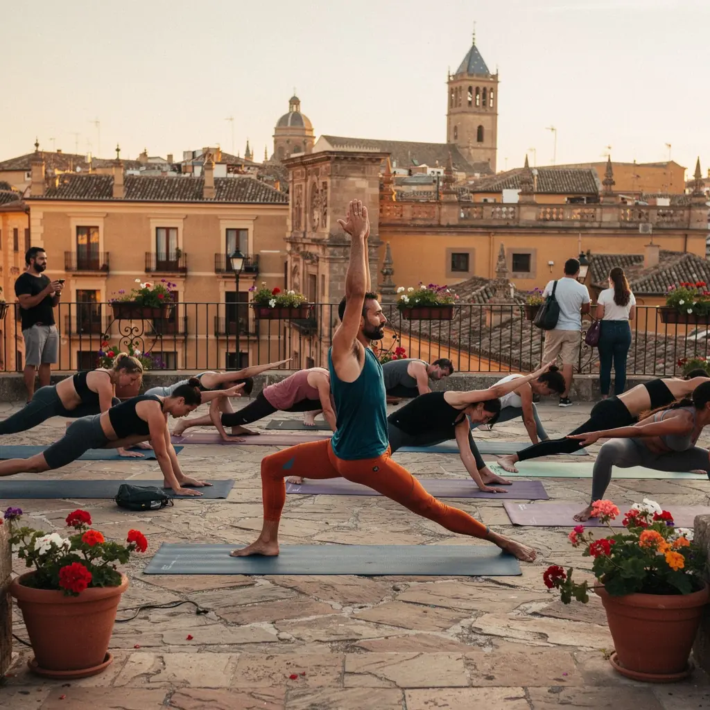 Clase de yoga en un parque con participantes disfrutando del ejercicio al aire libre.