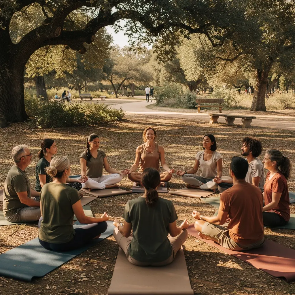 Atletas meditando al aire libre, enfocándose en la conexión mente-cuerpo.