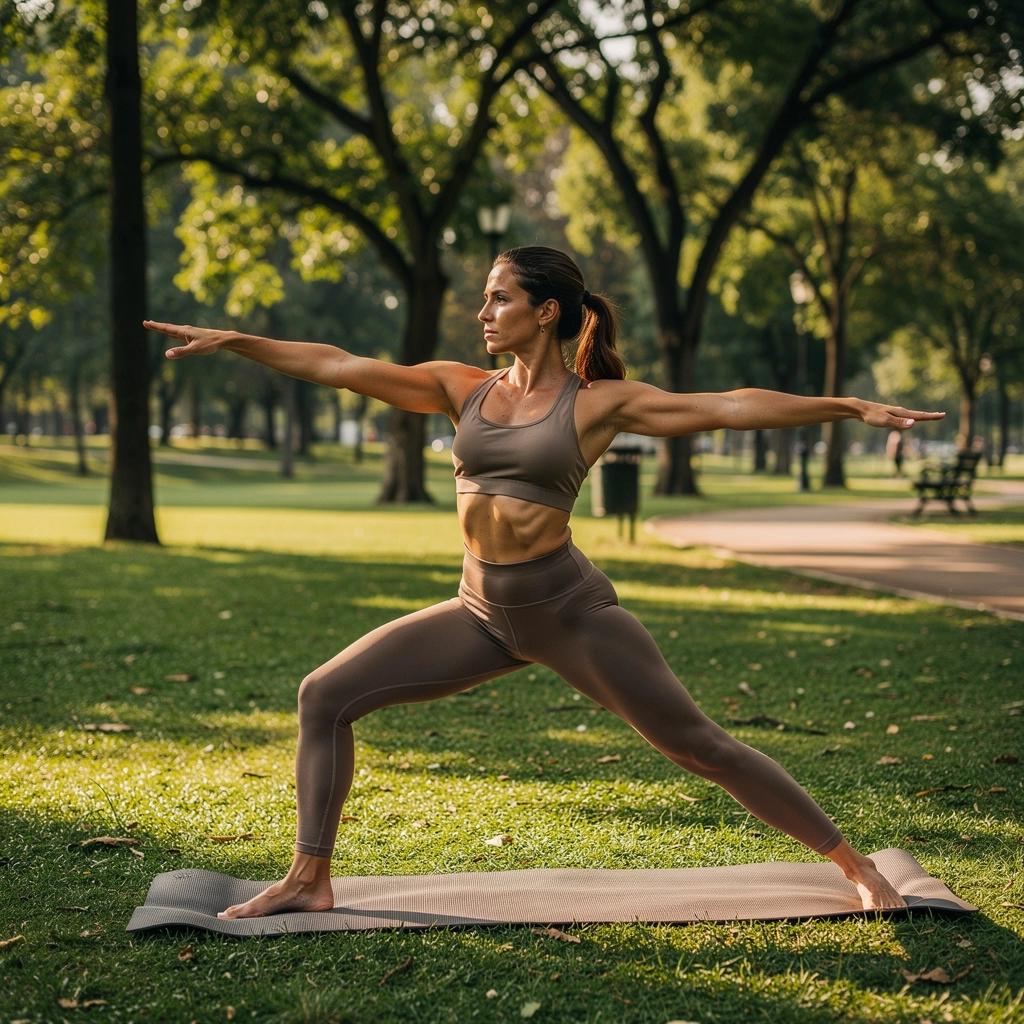 Grupo de personas practicando yoga al aire libre, enfocados en mantener posturas largas y control de la respiración.